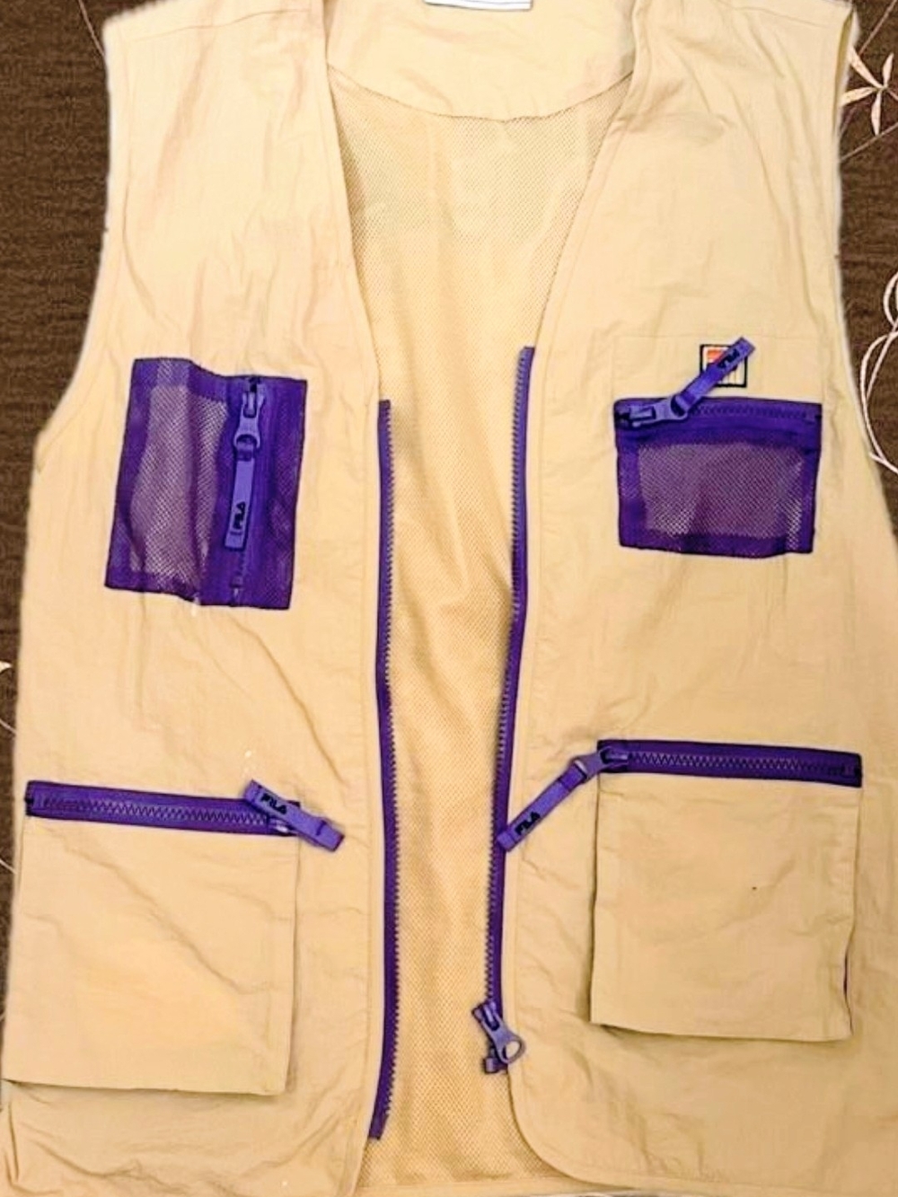 Unisex Fila Beige Utility Vest with Purple Zipper Accents